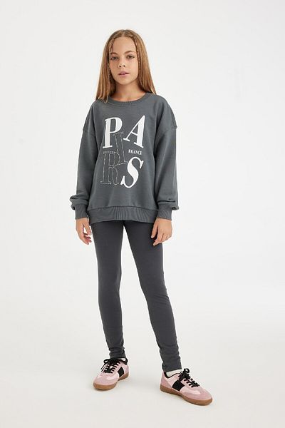 DeFacto Girl's Anthracite Oversize Wide Fit Crew Neck Printed Sweatshirt D3573A824Au