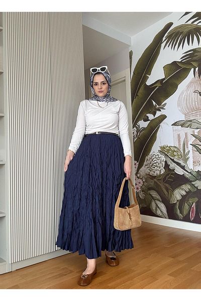Aselim Hijap Moda Wrinkled Fabric Skirt Suit Navy Blue