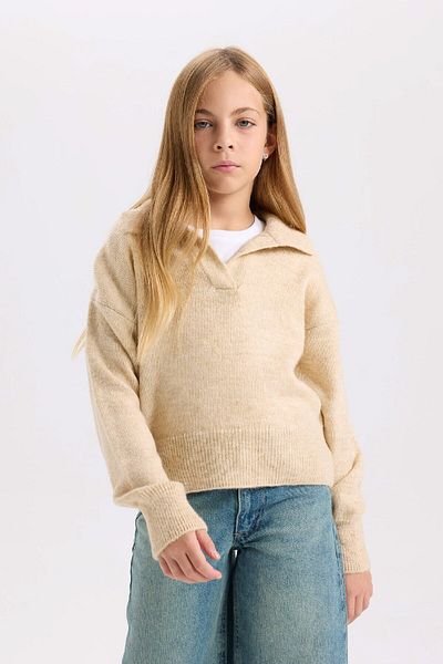 DeFacto Girls' Polo Neck Basic Plain Knitwear Sweater C9667A824Wn
