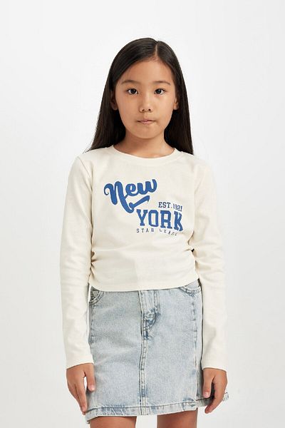 DeFacto Girl's Cropped Fit Crew Neck Printed Ribbed Long Sleeve T-Shirt D2987A824Au