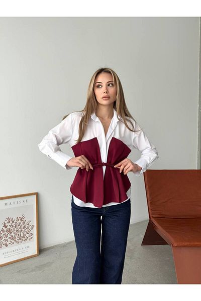 Alegre Lace-Up Burgundy Bustier Detailed White Shirt