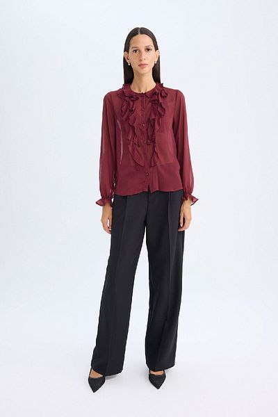 DeFacto Regular Fit Crew Neck Ruffled Chiffon Long Sleeve Blouse 3153984