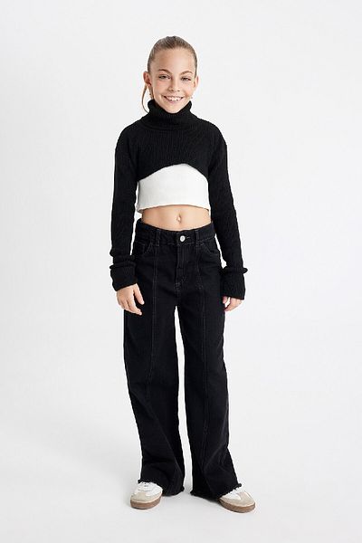 DeFacto Pulover pentru fete, negru, alb, cu decolteu, tricotaj, C9556a824wn