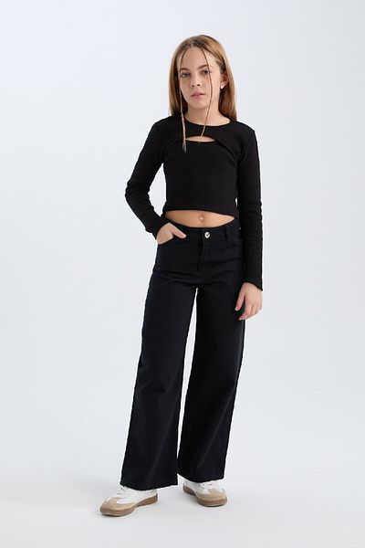 DeFacto Girls Slim Fit Slim Fit Crew Neck Ribbed Camisole Long Sleeve Black T-Shirt D0705A824Au