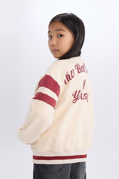 DeFacto Girl's Soft Feather Bomber Cardigan - College Collar, Pocket and Printed D2624A824Au