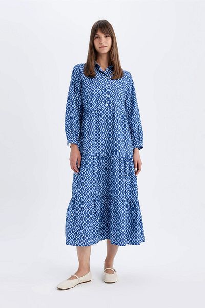 DeFacto Relax-Fit-Maxikleid mit Popeline-Print – lange Ärmel, Hemdkragen D0569AX24HS