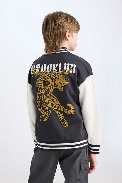 DeFacto Boy's Bomber Cardigan - College Collar, Snap Closure, Back Print - D3098A824Au