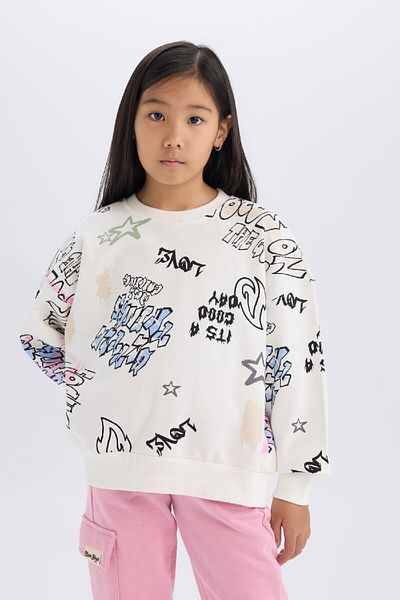 DeFacto Dziewczęca bluza z okrągłym dekoltem i nadrukiem 3D, oversize, szeroka, D3113A824Wn