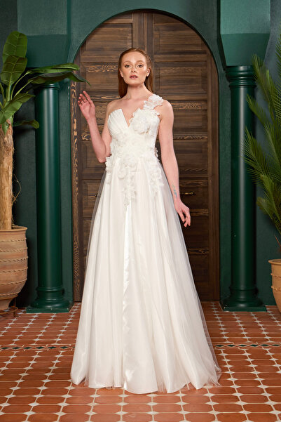 Lenta Moda Beyaz Üç Boyutlu Dantel Detaylı  ve Saten Drapeli Gelinlik ve Nikah Elbisesi