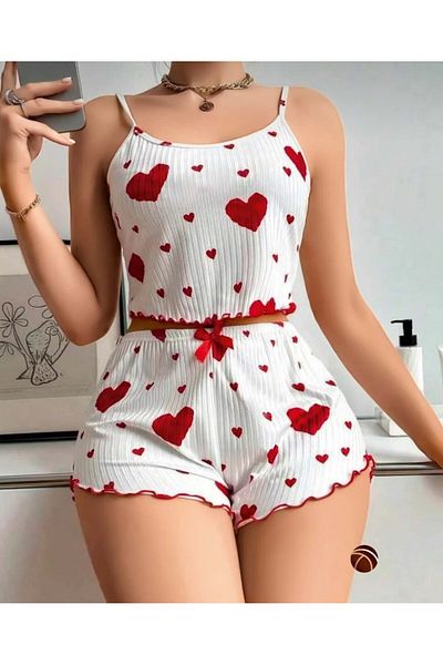 İntive Lingerie Set de pantaloni scurți bustier cu bretele subțiri din bumbac 100% cu model de inimă roșu/negru