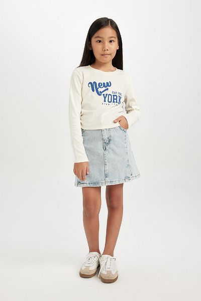 DeFacto Girl's Cropped Fit Crew Neck Printed Ribbed Long Sleeve T-Shirt D2987A824Au