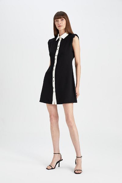 DeFacto Shirt Collar Basic Plain Button Woven Sleeveless Mini Black Dress D3120Ax24Au