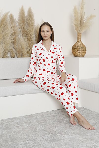 ETHEM TEKSTİL Long Sleeve Milan Pajama Set White Heart Mother-Daughter Combin