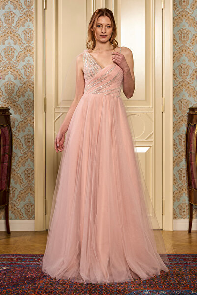 Lenta Moda Pudra Drapeli ve Tek Omuz Dantel Detaylı Maxi Boy Abiye/Gece Elbisesi