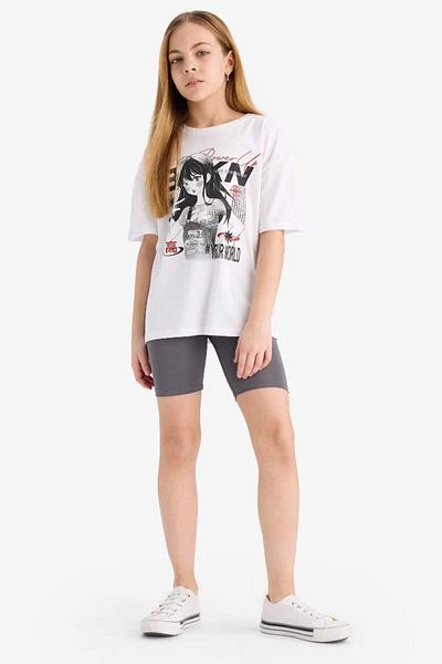 DeFacto Girl's 2 Piece Set Printed Short Sleeve T-Shirt Biker Leggings E5694A825Hs