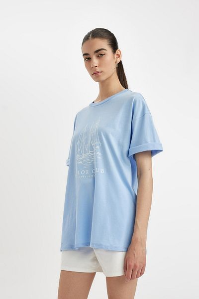 DeFacto Oversize Fit Crew Neck Sea Print Combed Cotton Short Sleeve T-Shirt D1915Ax24Sm