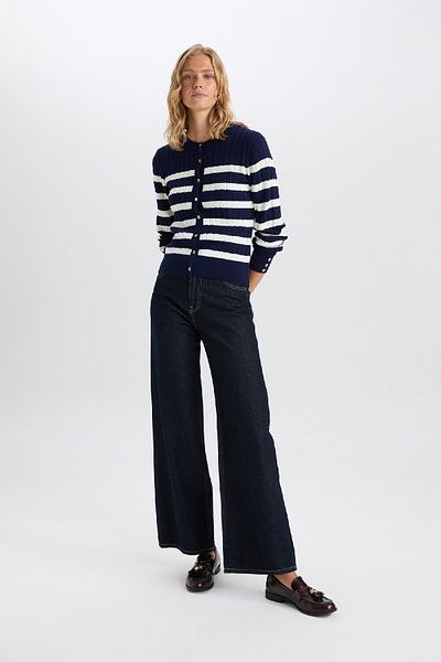 DeFacto Strickjacke mit normaler Passform, gestreift, Rundhalsausschnitt, Knopfleiste, A2138ax24wn