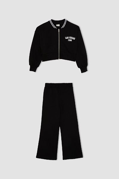 DeFacto Girls' 2-Piece Set Printed College Collar Bomber Cardigan Top Wide Leg Sweatpants D0729A824Au