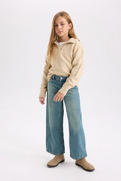 DeFacto Girls' Polo Neck Basic Plain Knitwear Sweater C9667A824Wn