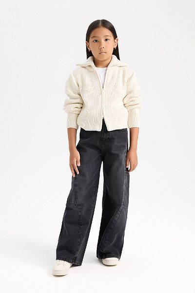 DeFacto Girl's Basic Plain Stand Collar Zippered Knitwear Cardigan C9557A824Wn