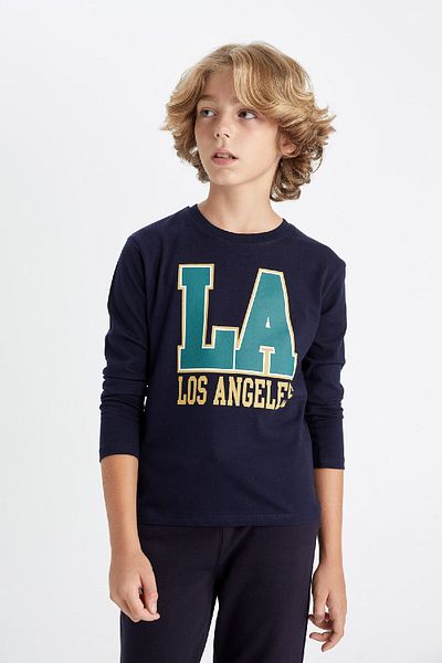 DeFacto Boy's Crew Neck Text Printed Navy Blue Long Sleeve T-Shirt C9563A824Au