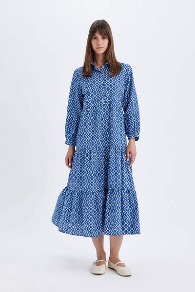 DeFacto Relax-Fit-Maxikleid mit Popeline-Print – lange Ärmel, Hemdkragen D0569AX24HS
