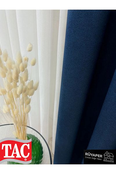 Taç Rüyaper Navy Blue Color - Linen 1/3 Sik Pleat Background Curtain