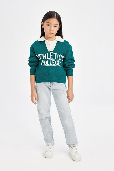 DeFacto Girl's Polo Neck Printed Knitwear Sweater D3190A824Wn
