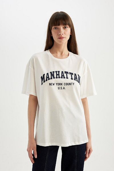 DeFacto Oversize Wide Fit Crew Neck Printed Combed Cotton Short Sleeve T-Shirt D1916Ax24Sm