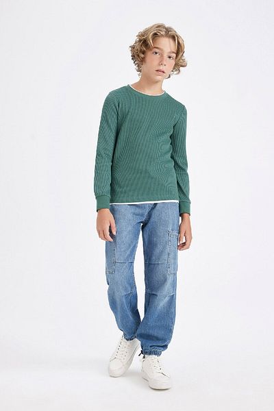 DeFacto Boy's Crew Neck Basic Plain Waffle Long Sleeve T-Shirt V1186A624Au