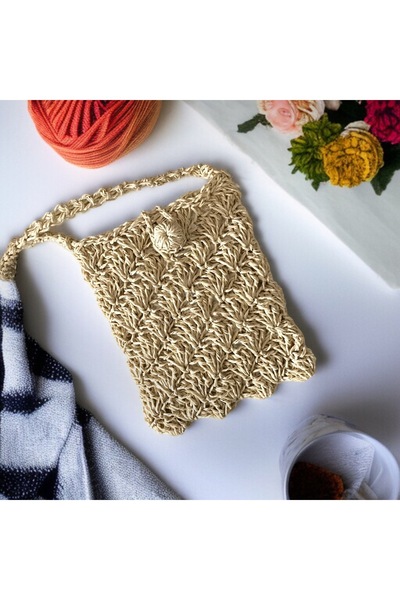 By G Tasarım Straw Color Kağıtip Knitted Phone Bag / Mini Bag