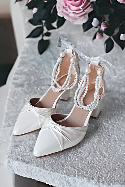 Modavien Pantofi de mireasa de dama cu design special de 5 cm cu perle
