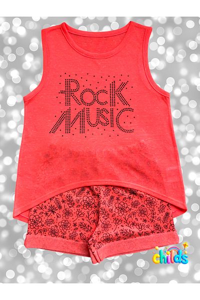 childs Stone Printed Zero Sleeve Neon Pink Shorts Girl Summer Set