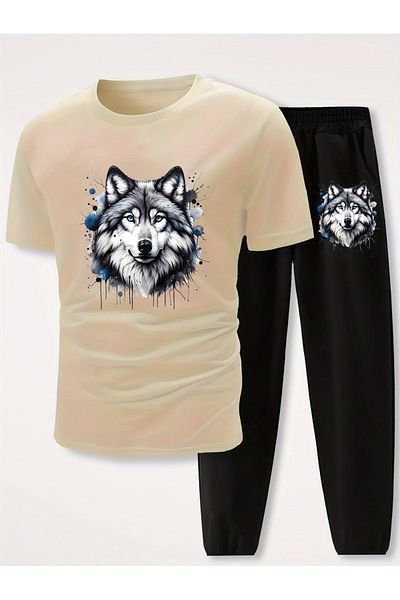 PENTHİLUS Men's and Juniors 2-Piece Set, Comfortable Wolf Print T-Shirt and Joggers, 95% Polyester