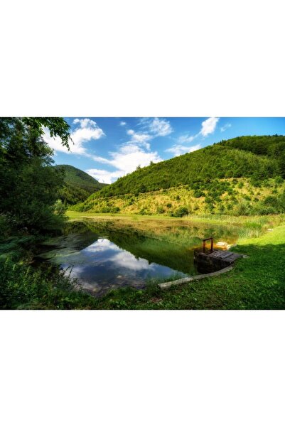 Zumzeria Tablou Canvas Lush Green Grassy Hills In Lake Reflection, 80x50cm, tabloucanvas647, Zumzeria ®