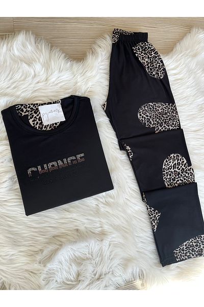 Pijamacs Set de pijamale tricotate cu mâneci scurte cu imprimeu leopard și inimă