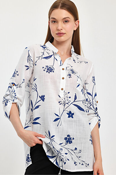 TCT TEKSTİL بلوزة منقوشة بأكمام طويلة - قميص نصف فتحة - سلوب - 1540