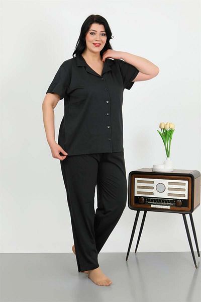 modaserdem Mdsrdm Costum de pijama cu mânecă scurtă pentru femei, din bumbac, cu buzunare, cu nasturi, negru