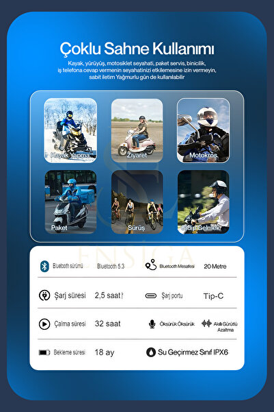 EN SİGA 2 Intercom Bağlantılı Su Geçirmez Motosiklet Kask Bluetooth 5.3 300m Intercoom 2.000mah