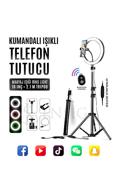 EN SİGA Kumandalı Youtuber Tiktok Çekim Işıklı Telefon Tutucu Makyaj Işığı Ring Light 10 Inç + 2.1 M Tripod