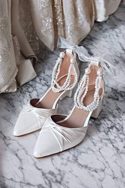 Modavien Pantofi de mireasa de dama cu design special de 5 cm cu perle