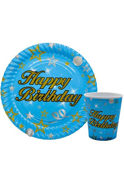 CUGY Blue Happy Birthday Written 8 Piece Plate Cup Set