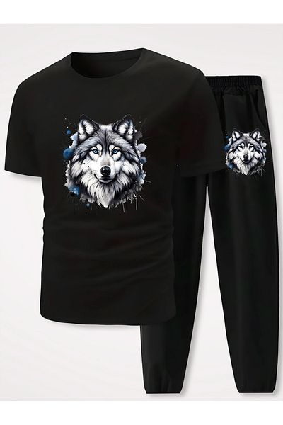 PENTHİLUS Men's and Juniors 2-Piece Set, Comfortable Wolf Print T-Shirt and Joggers, 95% Polyester