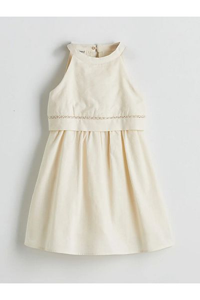 LC Waikiki Lcw Kids Ecru Halter Collar Linen Blended Girl's Dress