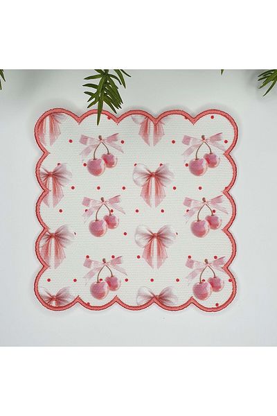 DECO Pink Cherry and Ribbon Patterned Embroidery Edge Cocktail Napkin 1 Piece