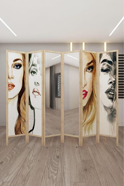 Fupe Shop Doğal Ahşap Baskılı Ayna 6 Kanat Paravan 000020