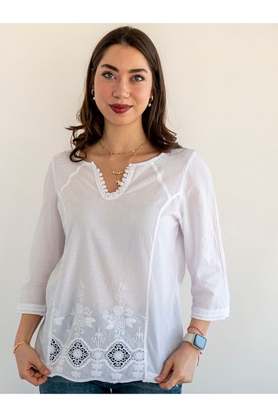 citycenterfashion Bluză de damă din bumbac organic Bluză țesătă cu guipur broderie