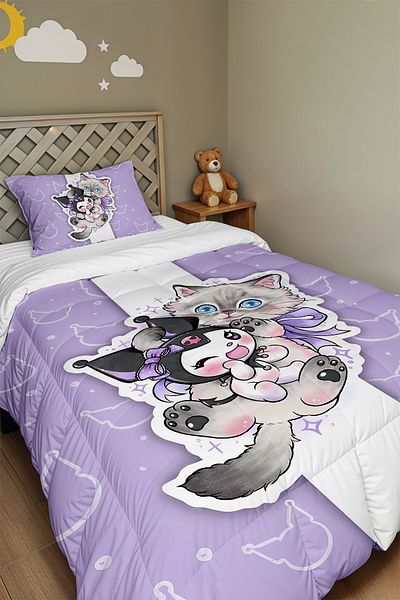 EVPANYA Cute Cat and Kuromi Patterned Single Quilt and Pillowcase