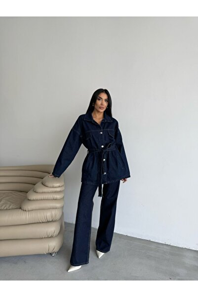 369 etnik butik Navy Blue Women's Denim Suit with Belted Pocket and Stitching Detail - Jacket + Wide Leg Trousers (2 Pieces)