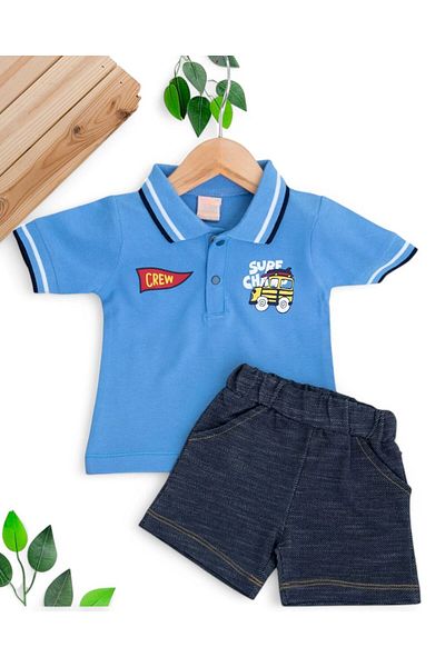 Egelite Baby Boy Summer Polo Collar Denim Look Soft Shorts 2-Piece 6-9-12-18-24 Months Baby Set